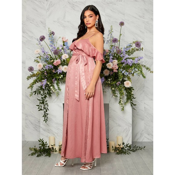 Maternity Cold Shoulder Ruffle Trim Knot Side Wrap Maxi Dress satin pink - Picture 4 of 6